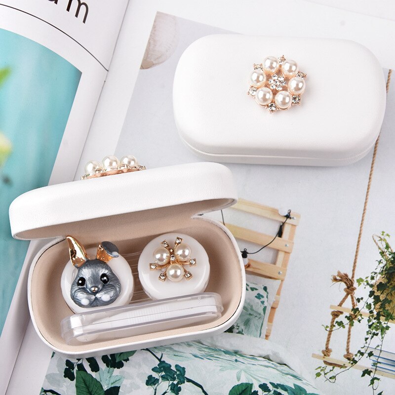 Estuche para lentes de contacto de conejo de dibujos animados para mujer, caja de almacenamiento, contenedor para lentes de ojo, conjunto de soporte, accesorios para gafas: white