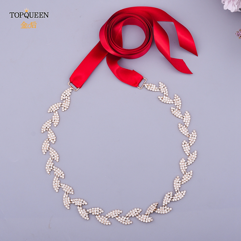 TOPQUEEN S198-G złoty pasek robić sukni ślubnej błyszczące stopu kryształ górski liście skrzydła kobiety diament akcesoria ślubne dla nowożeńców impreza pas: wino czerwony faborek