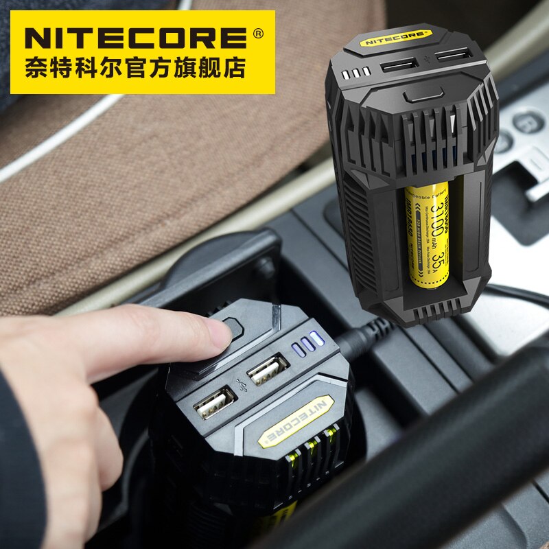 Nitecore  v2 6a 2-- kanaals batterijlader autolader met 12v aanstekeradapters en usb-poorten voor 18650 rcr 123a 17650 14500 aa