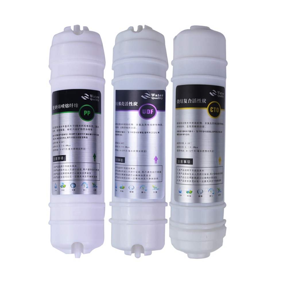 Purificador de agua integrado de 3 niveles, filtro de algodón PP de junta rápida de 1/4 "+ filtro de carbón activado Granular UDF + carbón comprimido CTO