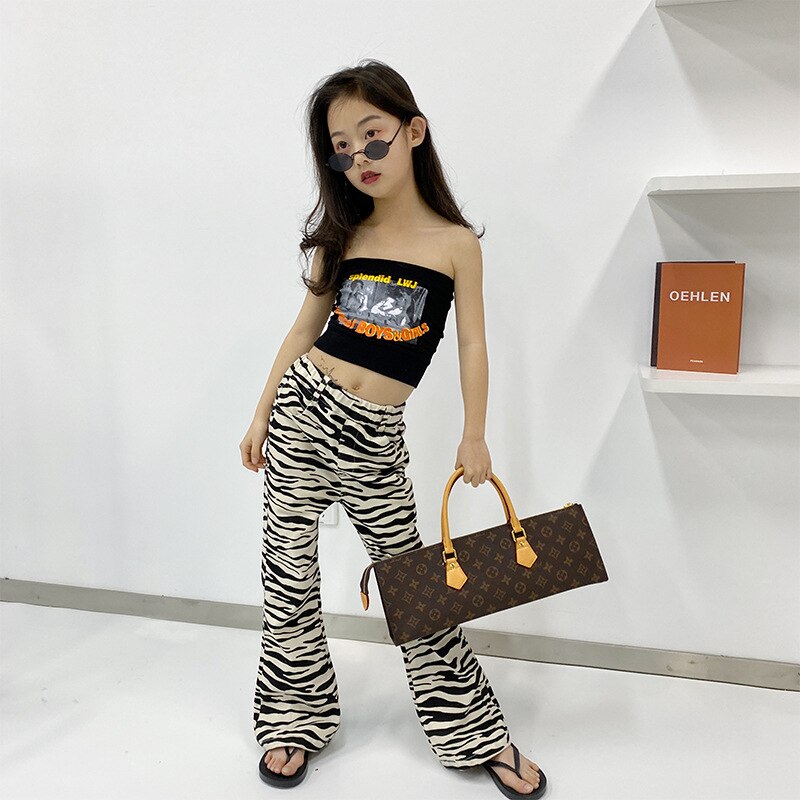 Pantaloni con motivo zebrato da bambina 2021 pantaloni a zampa occidentale Casual retrò stile Hong Kong da bambina primavera