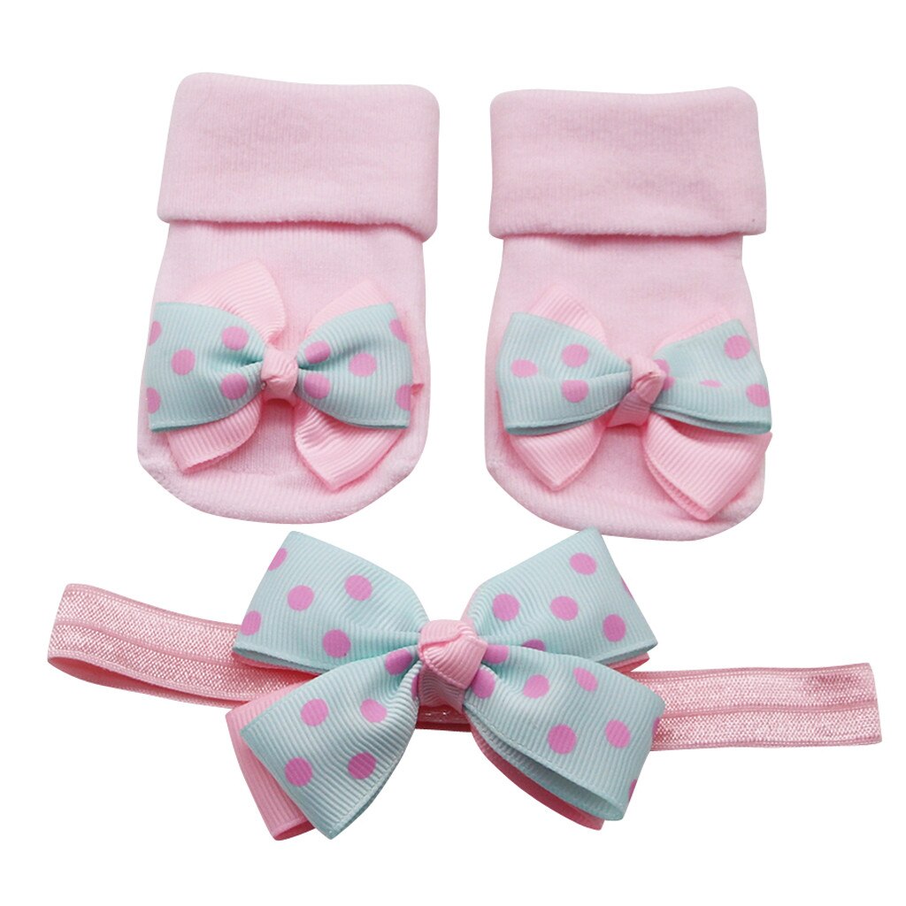 Baby Infant Socks +1PC Hair Belt Toddler Girls Bow Wave Point Anti-slip Socks Newborn Cartoon Toddler Baby Clothes Accessories: Blue