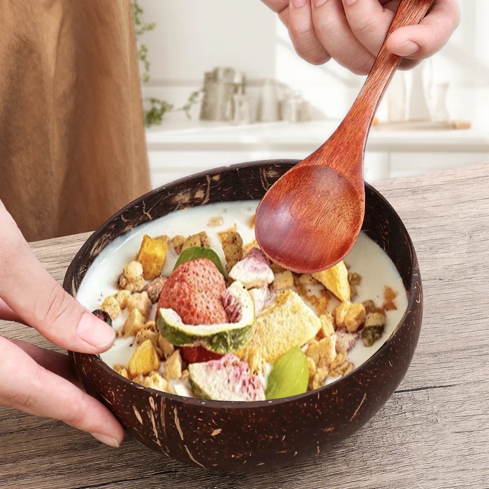 Natural Coconut Bowls For Serving Dishes Wooden Reusable Bowl Utensils Wood Spoon Natural Coconut Shell Bowls Kitchen Dinner Set