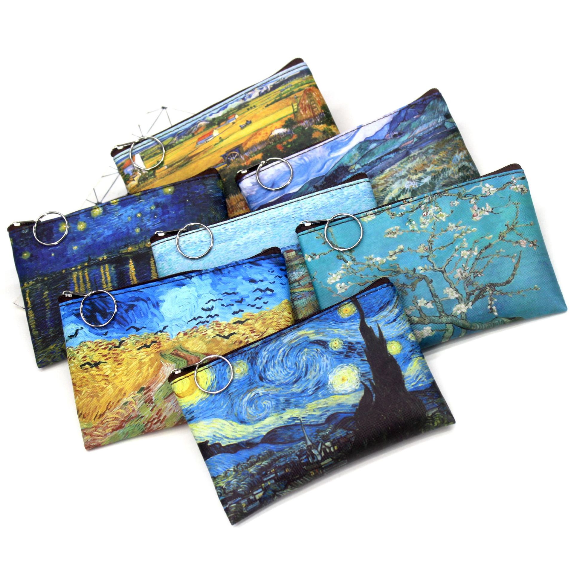 Vintage Olieverfschilderij Canvas Cosmetische Tas Van Gogh Art Zonnebloem Ster Maan Nacht Make-Up Tas Reismunt Portemonnee Portemonnee