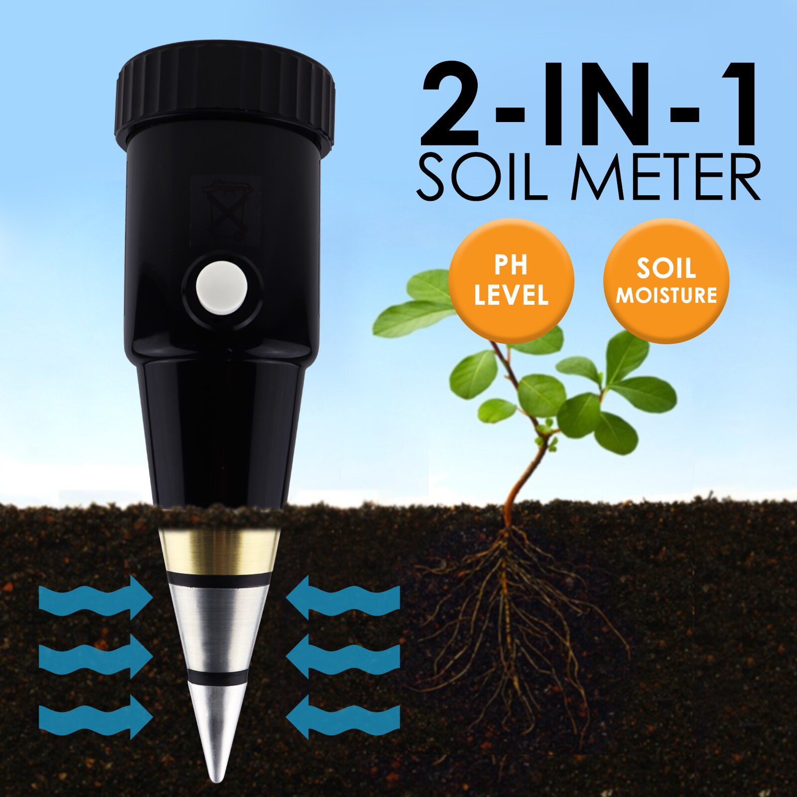 Medidor de nivel de humedad de pH del suelo 2 en 1, herramienta de prueba de jardinería, huertos, jardines, césped, jardineras, viñedos