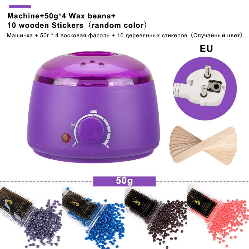 Electric Mini Wax-melt Heater Machine 4 Bags Wax Bean 10 Wood Stickers Hair Removal Machine Waxing Kit Calentador de cera: Purple EU plug