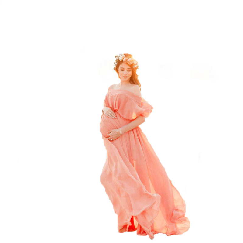Sexy Off Shoulder Strapless Maternity Dresses Women Pink Chiffon Gown Pregnancy Dress Boho Pink Maxi Long Photo Shoot Dress
