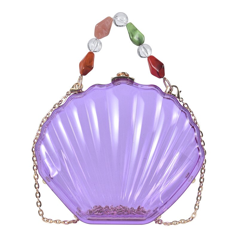 Bolso de mano de de plástico transparente con forma de concha para mujer, bandolera de boda, bolso de hombro con cadena: Morado