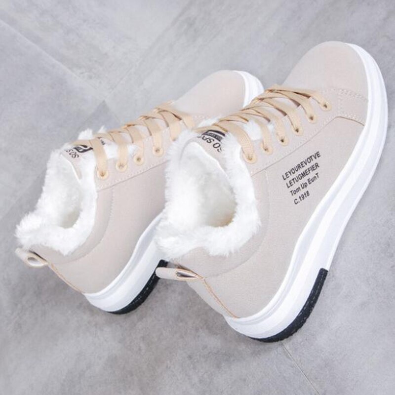 Nausk vinter kvinnor skor varm päls plysch dam fritidsskor snörskor sneakers zapatillas mujer plattform snöstövlar: Beige / 38