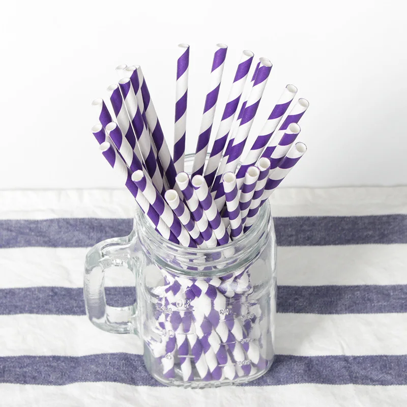 200 Biodegradable Paper Straws Assorted Rainbow Colors Striped Drinking Straws for Juice birthdays partys: plum