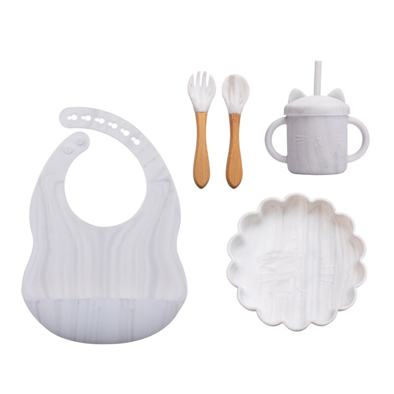 Dazhtu Siliconen babyserviesset 11 stuks, antislip met zuignap, bord, kom, slabbetje, lepel, vork, drinkbeker, fruitzuiger, blauw