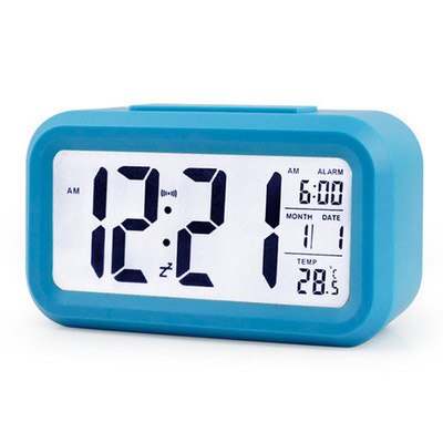 Batteri digitalt vækkeur elev ur stort lcd display snooze børn ur lyssensor natlys kontor bord ur: Blå