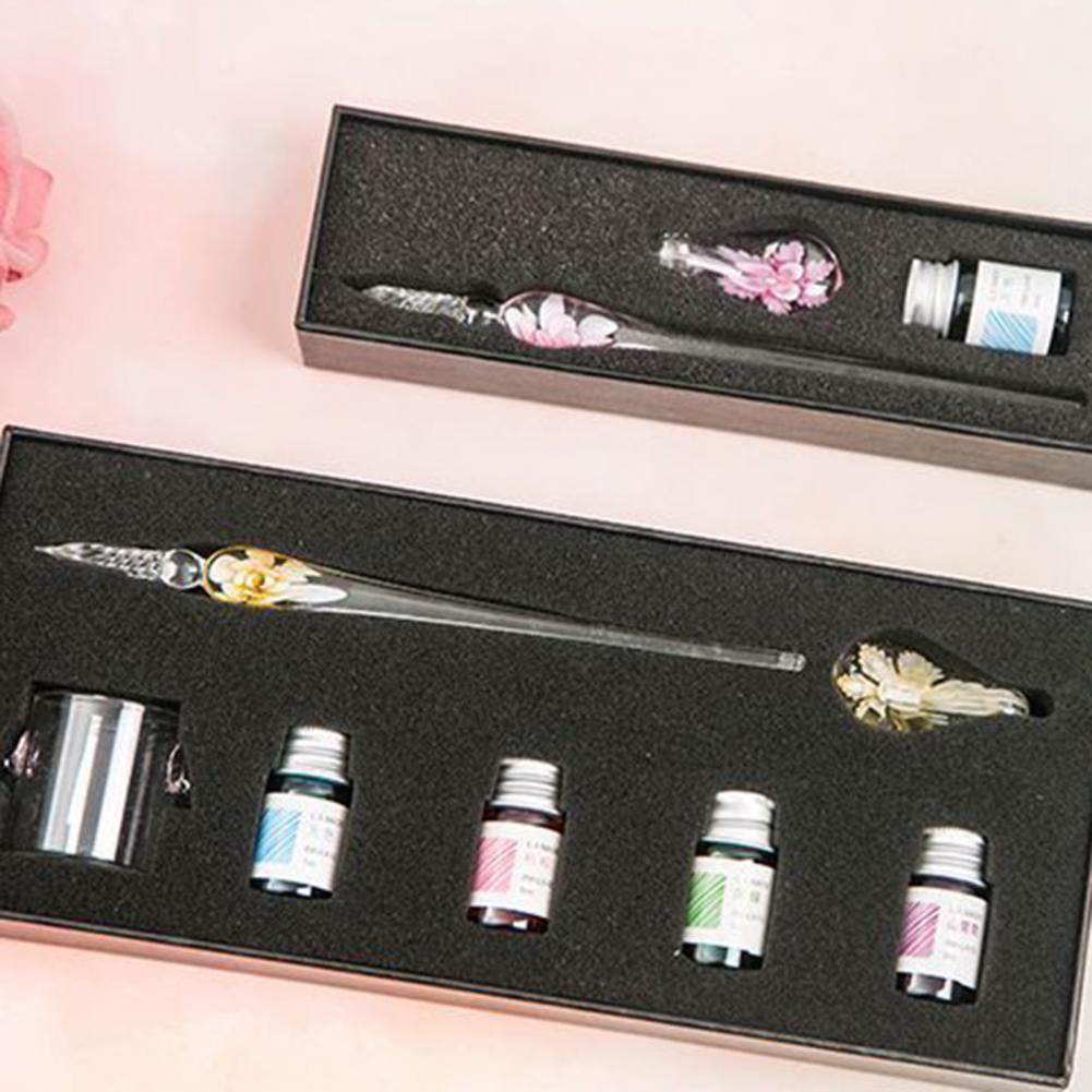 1 Set Glass Dip Pen with Ink Floral Glossy Fountain Pen Kit Smooth Writing Threaded Nib Crystal Ink Pen Set перо для письма 글라스펜