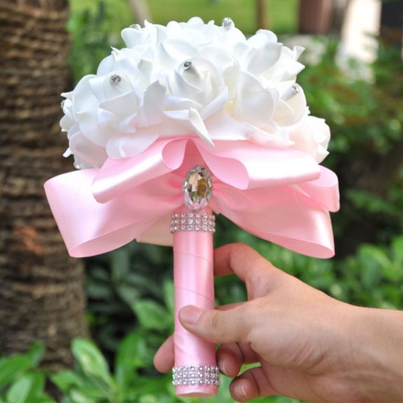 Korean Style Wedding Bridal Bouquet Artificial Flower PE Foam Roses With Faux Crystal Rhinestone Ribbons for Party Church Decor