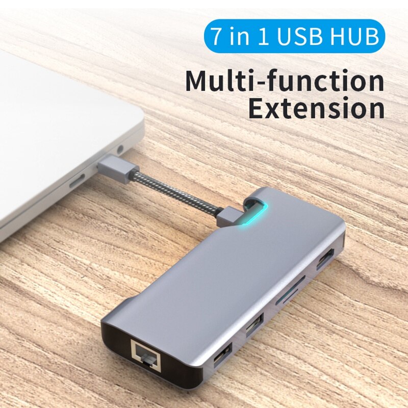 type -c7 i 1 smart dockingstasjon med 2 x usb 3.0 +  sd + tf + hdmi  + rj45 +  pd type-c omformer