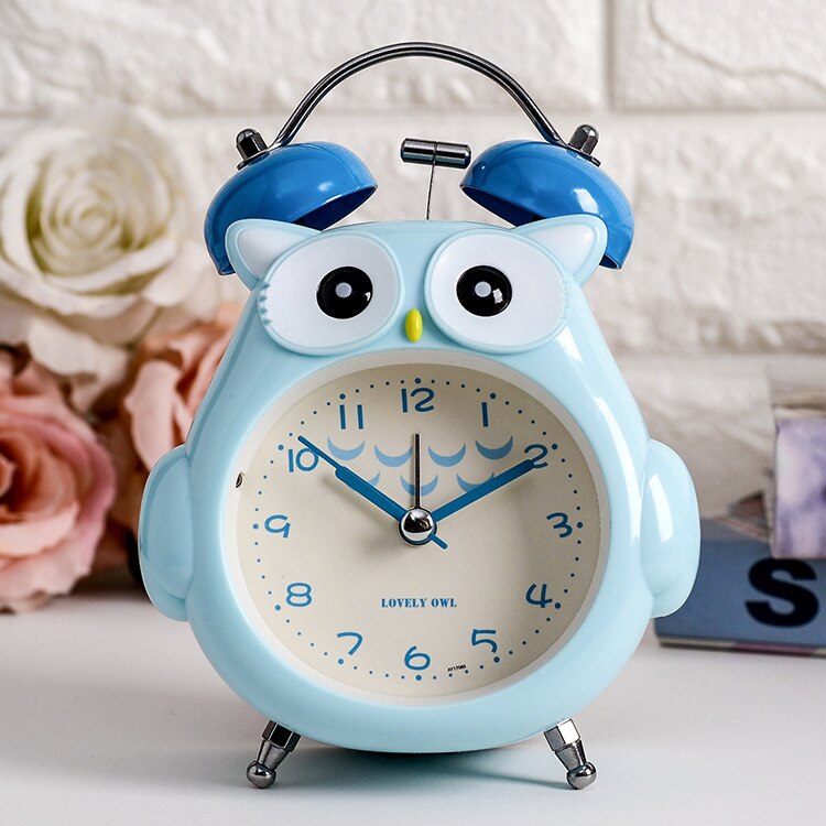 Childrens owl Alarm Clock Cute Bird Clock Children Cartoon Lovely Bedroom Double Bell Silent No Ticking Night Light Alarm Clocks: BLUE