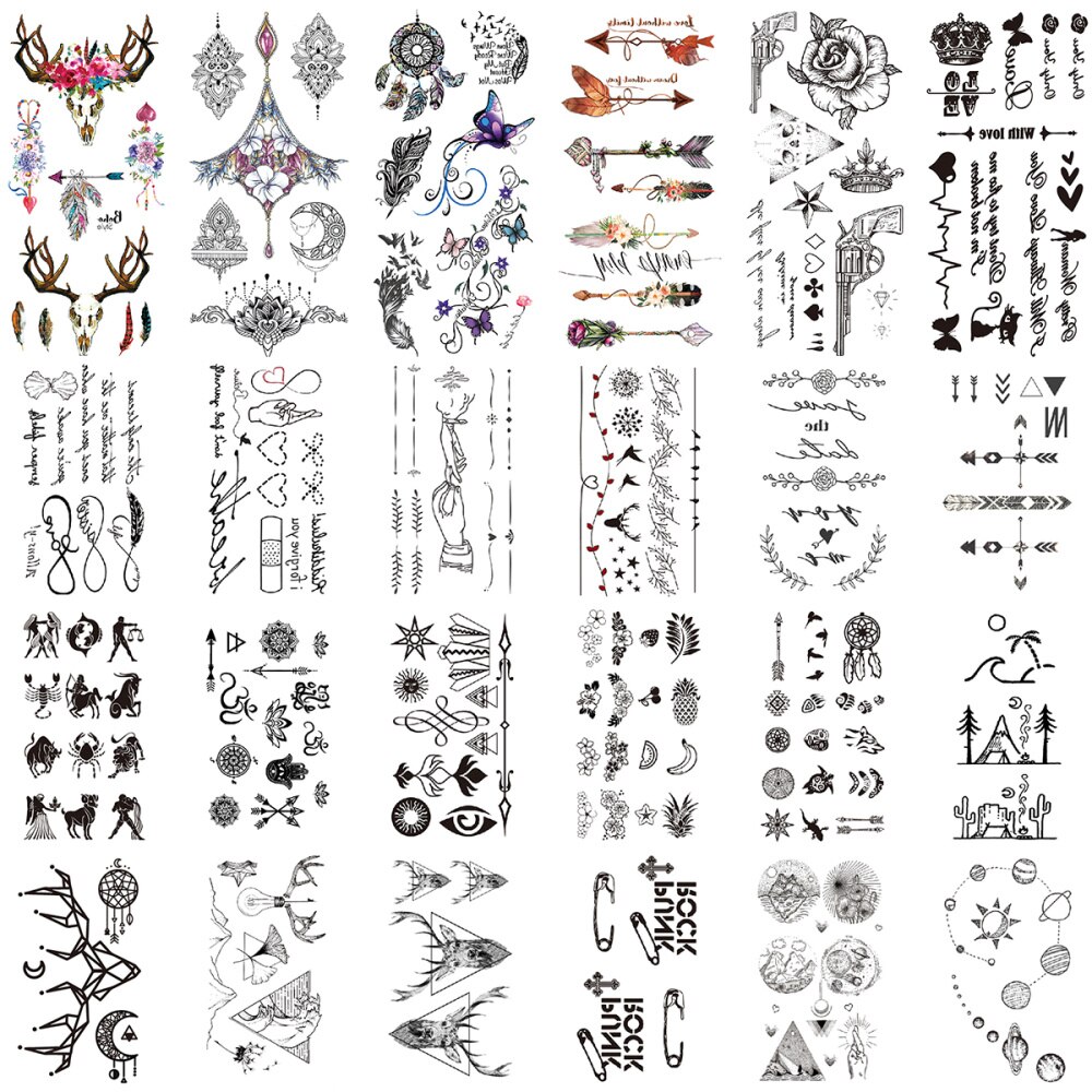 Niceauty 24 ark midlertidige tatoveringer arm skulder langvarige tatoveringsklistremerker full body art klistremerker for kvinner menn voksne: Default Title