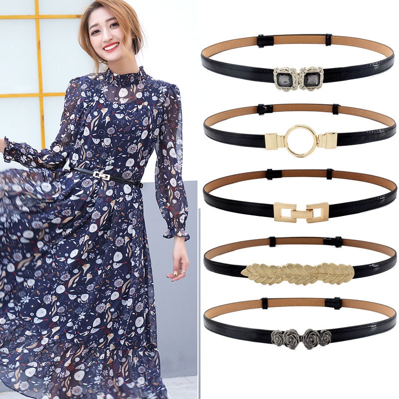 Ceinture fine ajustable en cuir PU pour femmes, vêtement pour robe, sangle de taille fine, bouton en métal, Pasek Damski