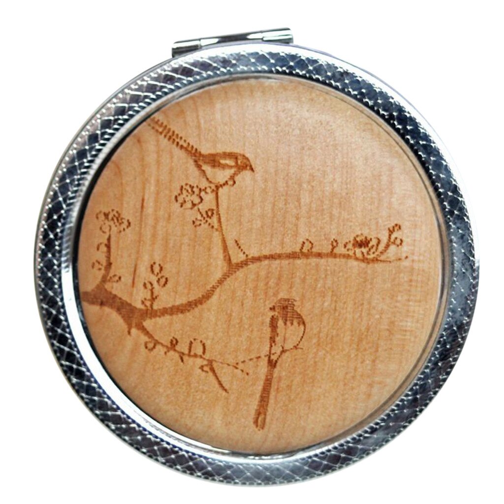 Wooden Retro Mini Mirror Metal Cartoon Printed Double-sided Folding Round Mirror: C