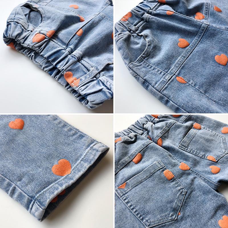 Efterårs koreansk stil baby pige jeans børne denim bukser børn elsker print cowboy bukser børn bukser jeans