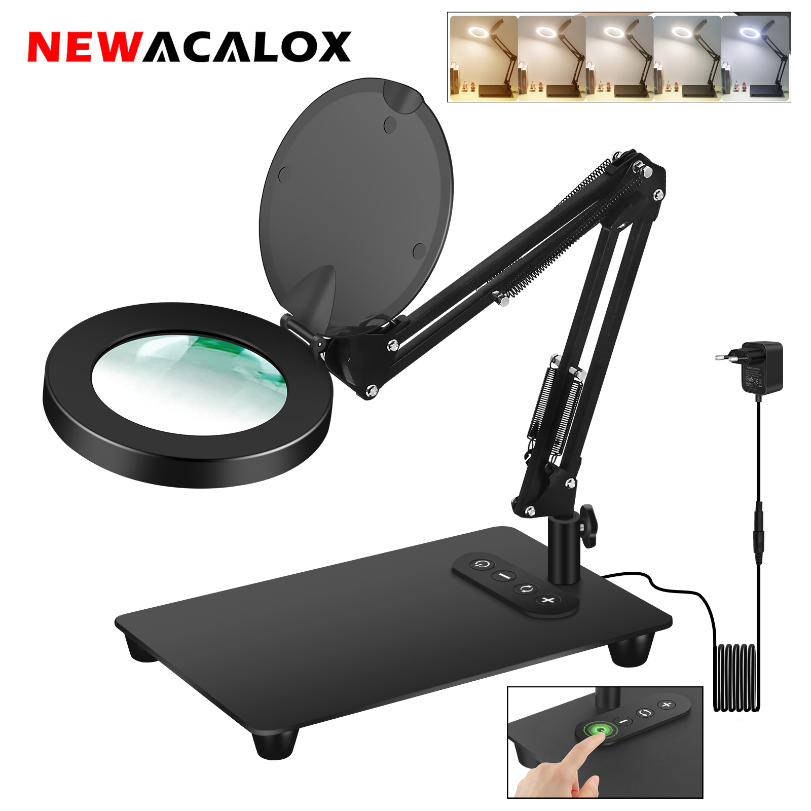 Magnifying Glass with Light and Stand 5X Magnifying Lamp with 5 Color Modes Stepless Dimmable Adjust Swivel Arm Desk Magnifier