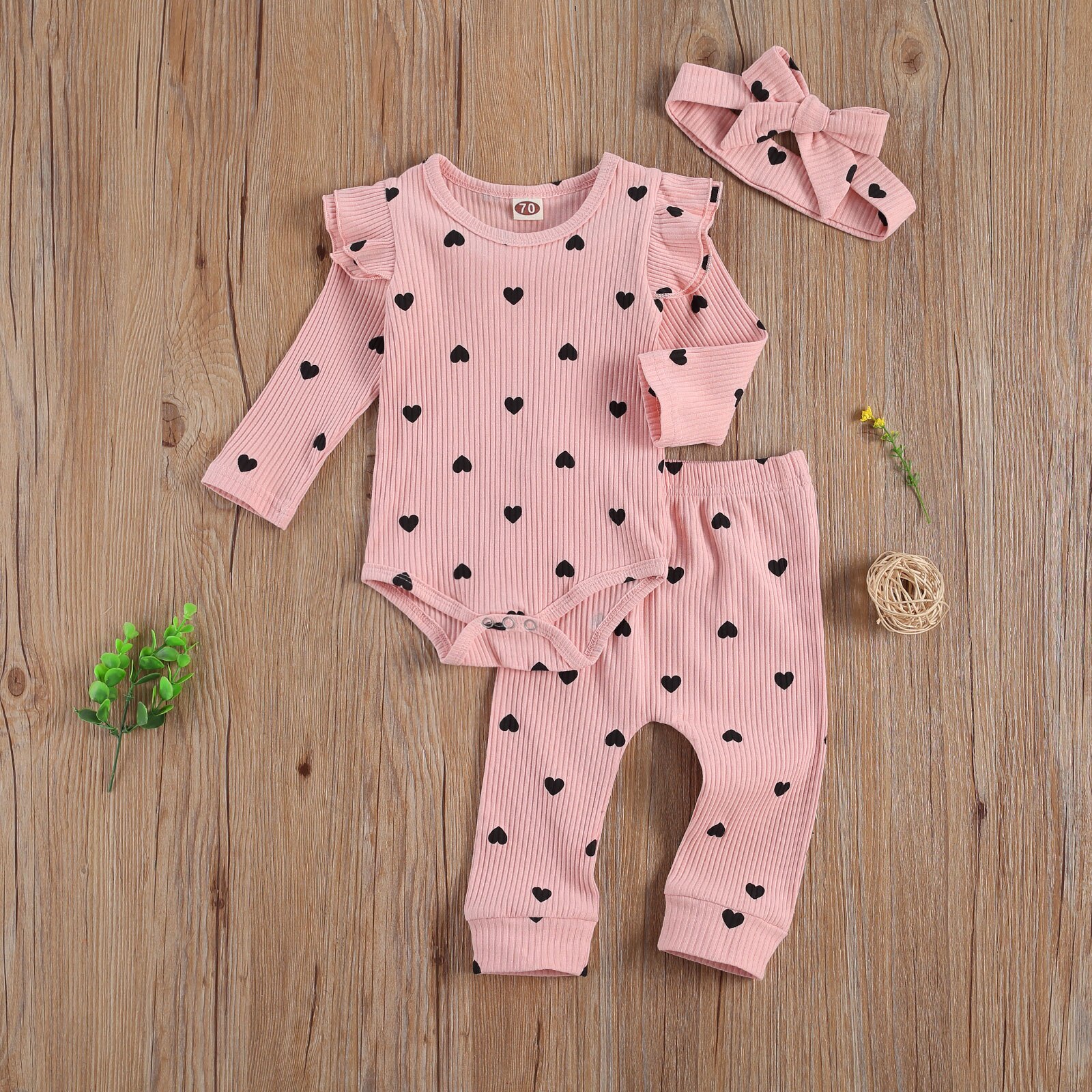 Mise au point 0-24M -né bébé filles garçons vêtements ensembles 3 pièces coeur imprimé volants à manches longues barboteuse pantalons hauts bandeau