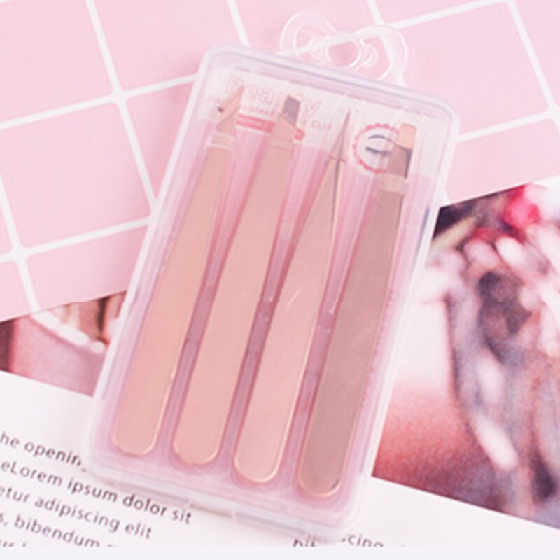 Juego de 3 unids/set de depilación de Punta inclinada de Metal, Mini pinzas para cejas, extensión de pestañas, pinzas de injerto, pinzas, herramientas de maquillaje: ROSE GOLD