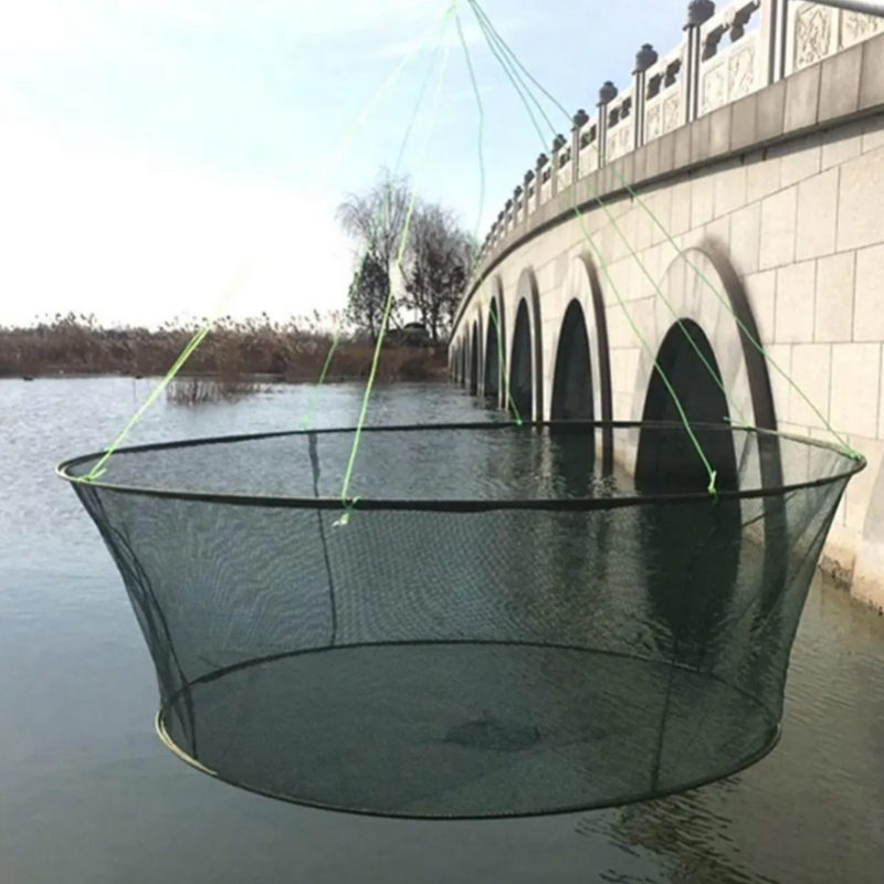 Red de caída plegable, trampas de aterrizaje de pesca, jaula receptora, cebo para gambas, cangrejo, camarones, muelle, puerto, malla de estanque para uso Vertical en orilla