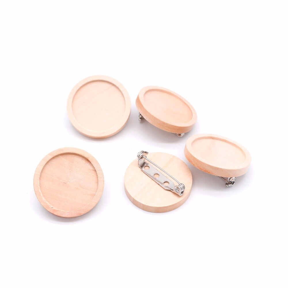 10 unids/lote de broches de cabujón de madera en blanco, ajustes de Base, 20 25 30 40mm de diámetro, bandeja de bisel redondo, broches Diy, respaldos de Pin para fabricación de joyas