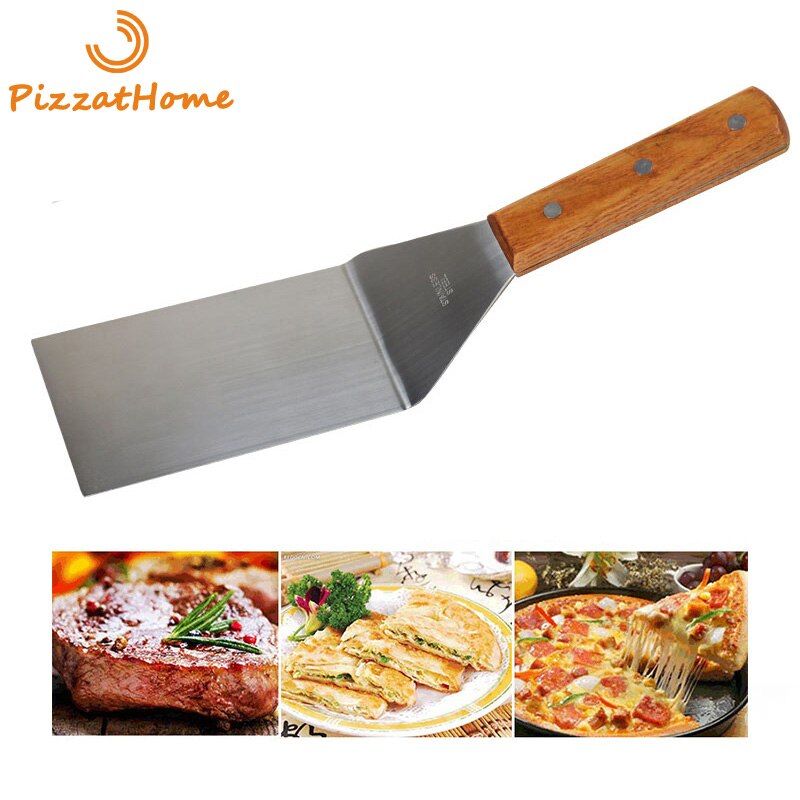 PizzAtHome-ESPÁTULA de acero inoxidable para parrilla, pala para carne con mango de madera, herramienta para barbacoa, girador de carne, pala redonda y cuadrada