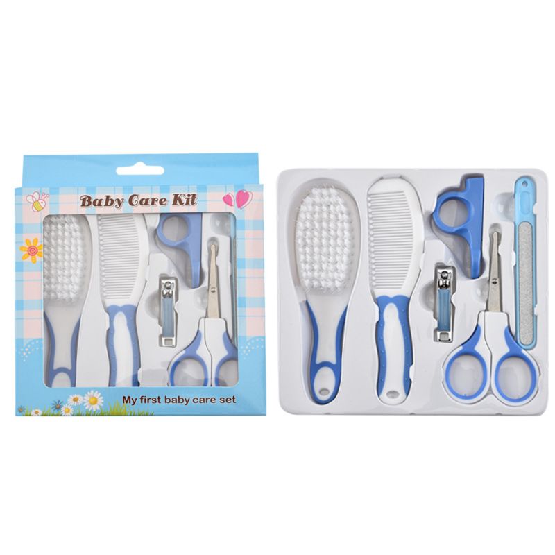 6 Pcs Newborn Baby Nail Hair Daily Care Kit Infant Kids Grooming Brush Comb and Manicure Set: Blue