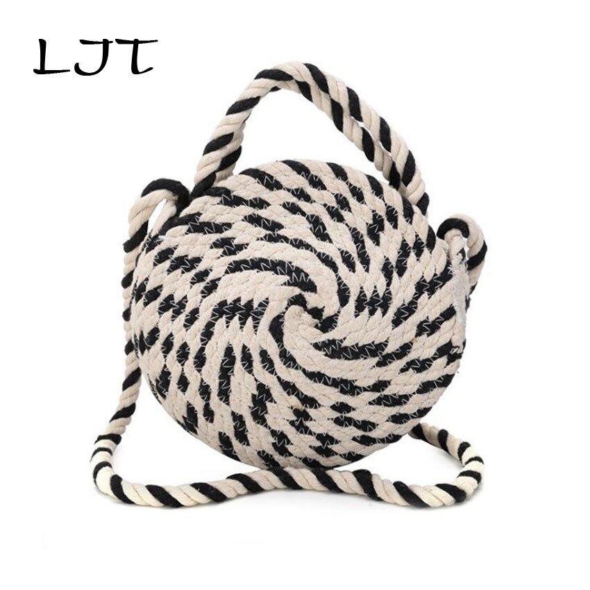 Ljt persoonlijkheid zwart-wit geweven kleine ronde tas zomer casual messenger schoudertas strand handtassen tote