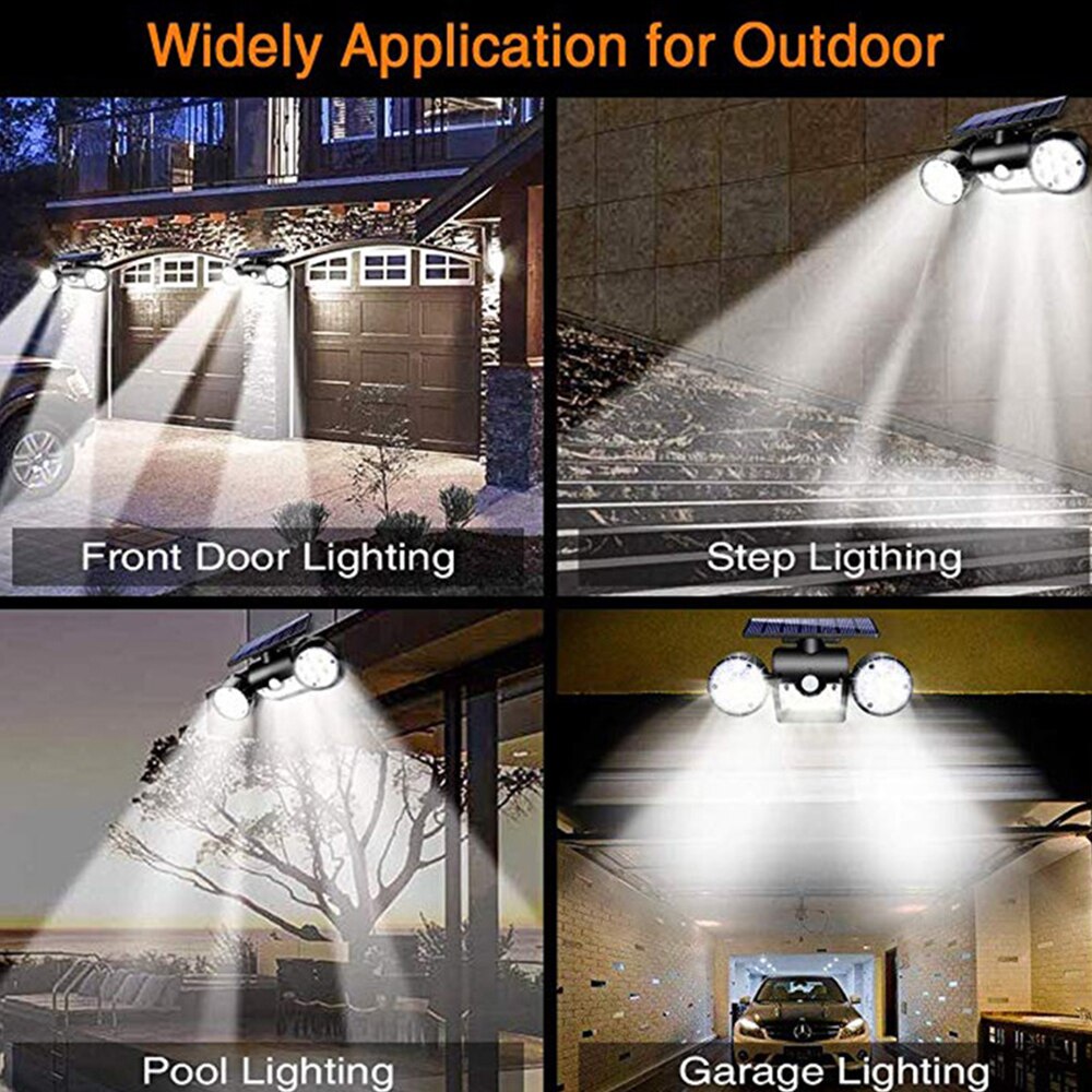 Zonne-energie wandlampen met dubbele kop, 360- graden bewegingsdetectie op zonne-energie, beveiligingsnachtlampjes voor in de tuin