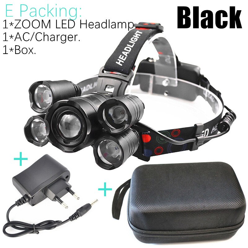Most Powerful Induction ZOOM LED Headlight headlamp 5LED T6 Head Lamp Flashlight Torch head light Best For Camping, fishing: E Packing - Black / No Battery