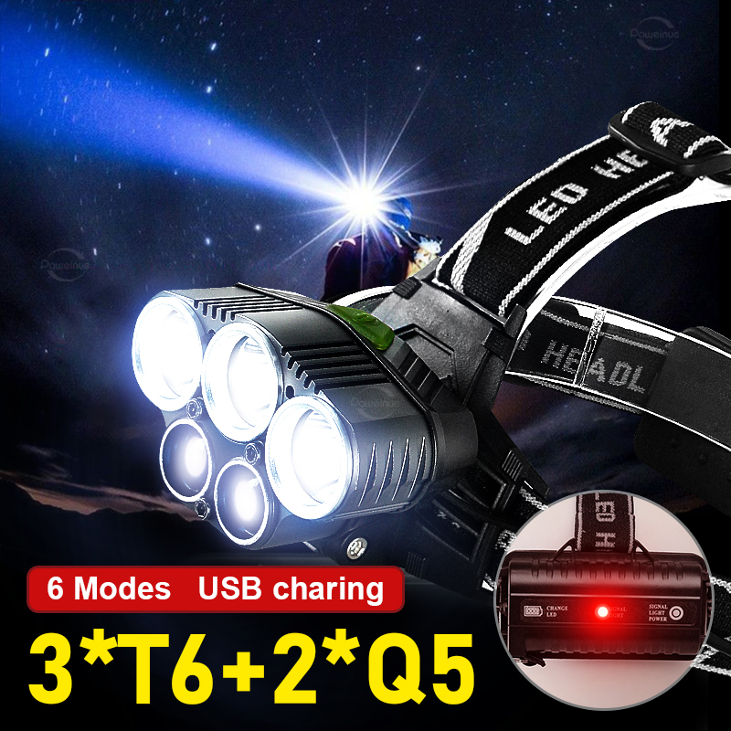 5 Lights Headlights LED Rechargeable Headlamp Ultra Power Head Flahslight Outdoor Waterproof Head Lamp 18650 Battery Head Lights