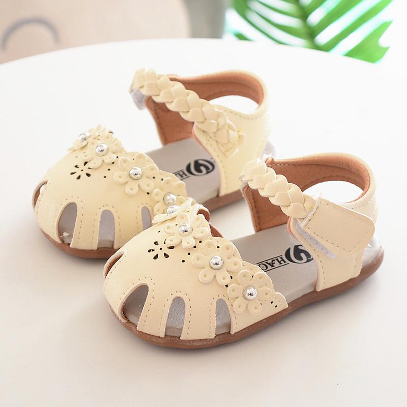 2019 verão novo bebê baotou babyflowers feminino fundo macio princesa criança sapatos babyshoes: Bege / 0-6 meses