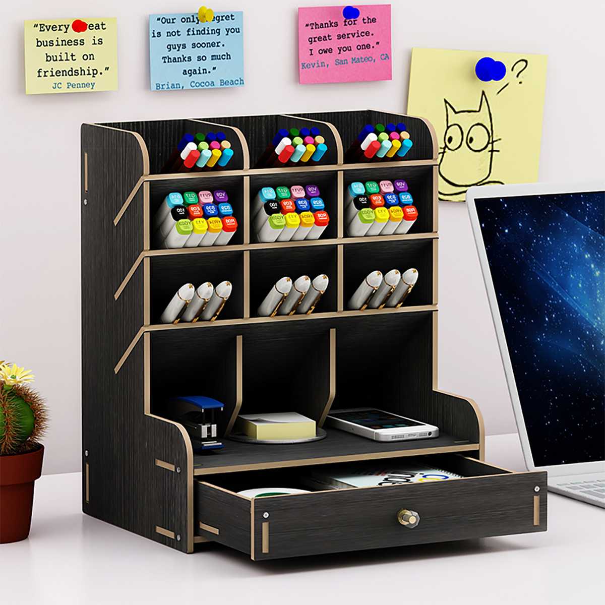 Wooden Multi-function Desktop Pen Holder with drawer Office School Storage Case Desk Pen Pencil Organizer Stationery Storage: black