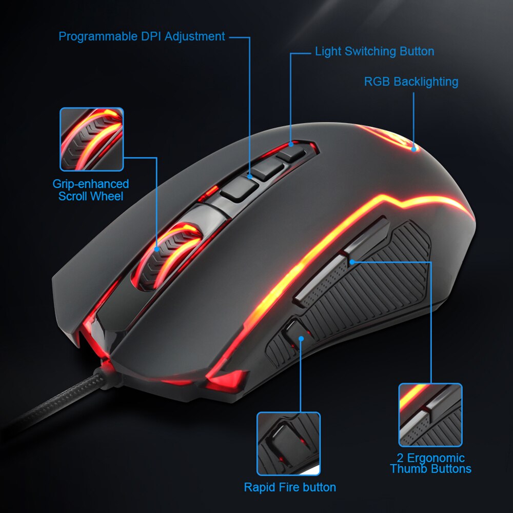 Redragon Ranger M910 RGB USB Gaming Mouse Wired 12400 DPI 10 Buttons Ergonomic For Desktop Computer Programmable Mice PC Gamer