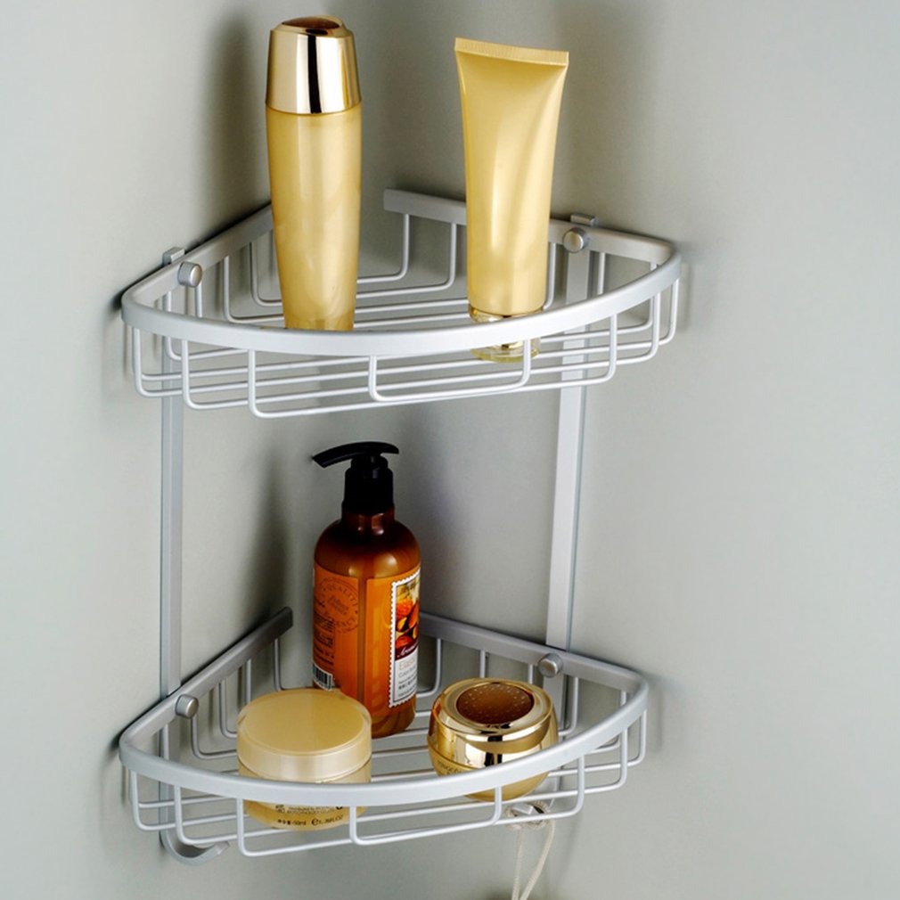 Estante esquinero para baño, cesta de ducha triangular de dos niveles, 2 capas de espacio, champú, jabón, cosmético, estantería de almacenamiento de aluminio