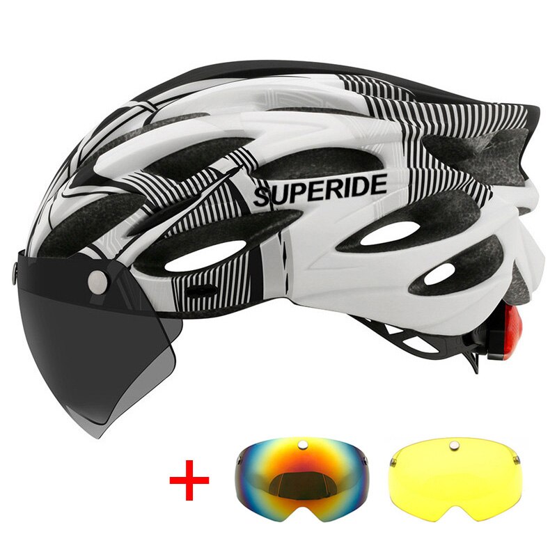 SUPERIDE Outdoor Cycling Helmet with Rearlight Unisex Mountain Road Bike Helmet Sports MTB Bicycle Helmet with Goggles &amp; Visor: White 3 Lenses