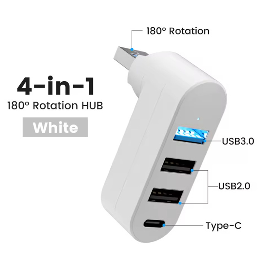 4-poorts USB 3.0-hub [90 ° , 180 ° Draaibare USB-splitter, 3 USB-poorten en 1 USB-C voedings-/gegevenspoort, USB-verlenger voor laptops, auto's: WIT