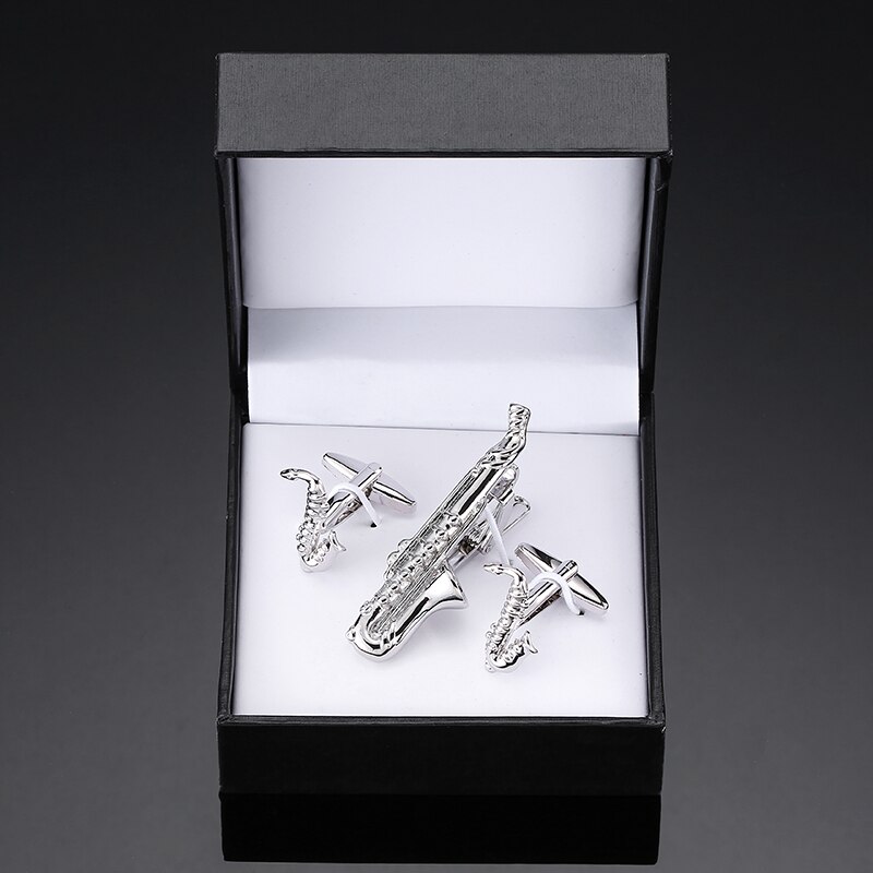 De High-End Manchetknopen Tie Clip Heren Pak Overhemd Manchetknopen Tie Clip Sax Zilverkleurige Manchetknopen, klassieke Luxe Set