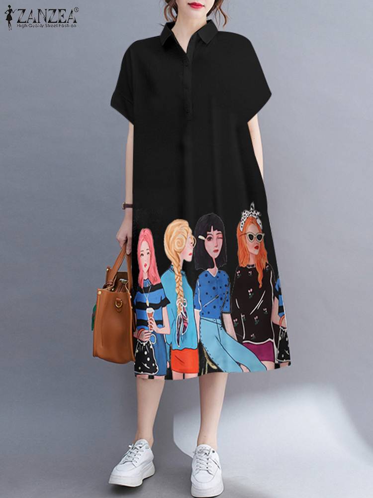 2023 sommer Kurzarm Midi- Vestidos ZANZEA lässig Gedruckt verlieren Laple Geschmack hoch Sundresse Übergroßen OL Frauen Kleider: 4XL / Schwarz
