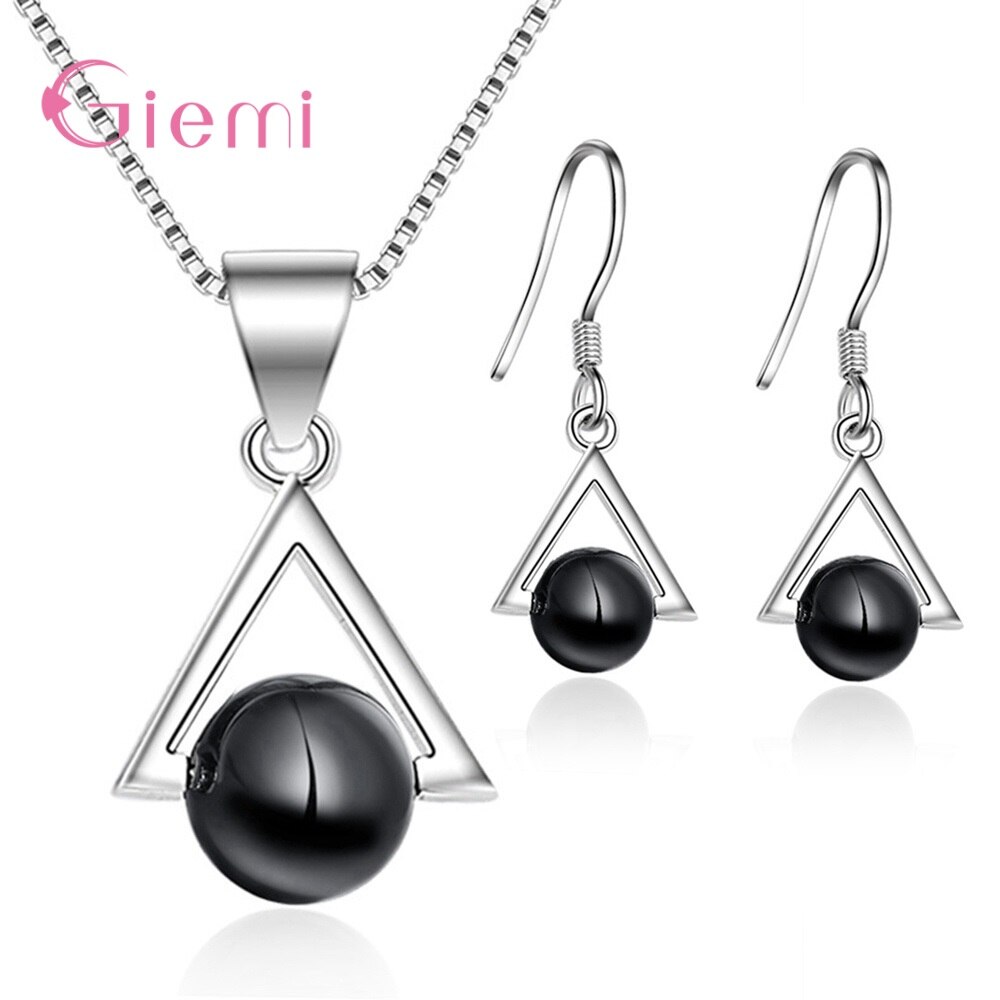 S925 en argent Sterling offre spéciale à la perle noire étincelante Triangel pendentif chaîne collier boucles d'oreilles pour les femmes ensembles de bijoux