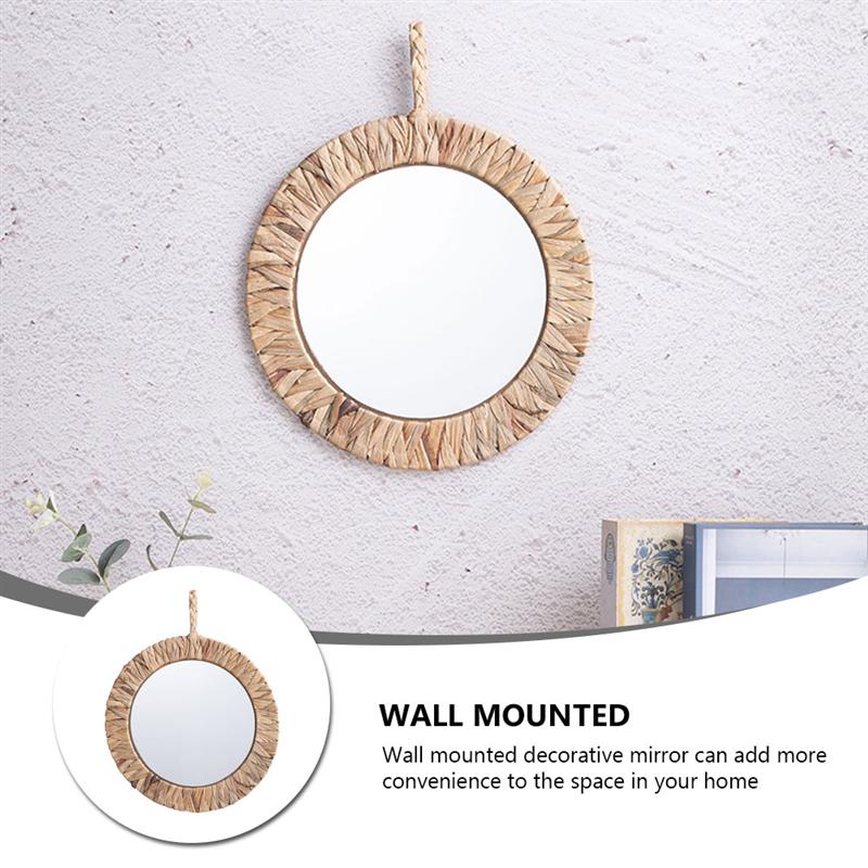 1Pc Idyllic Rattan Woven Mirror Natural Wall-mounted Mirror Bedroom Decor Khaki