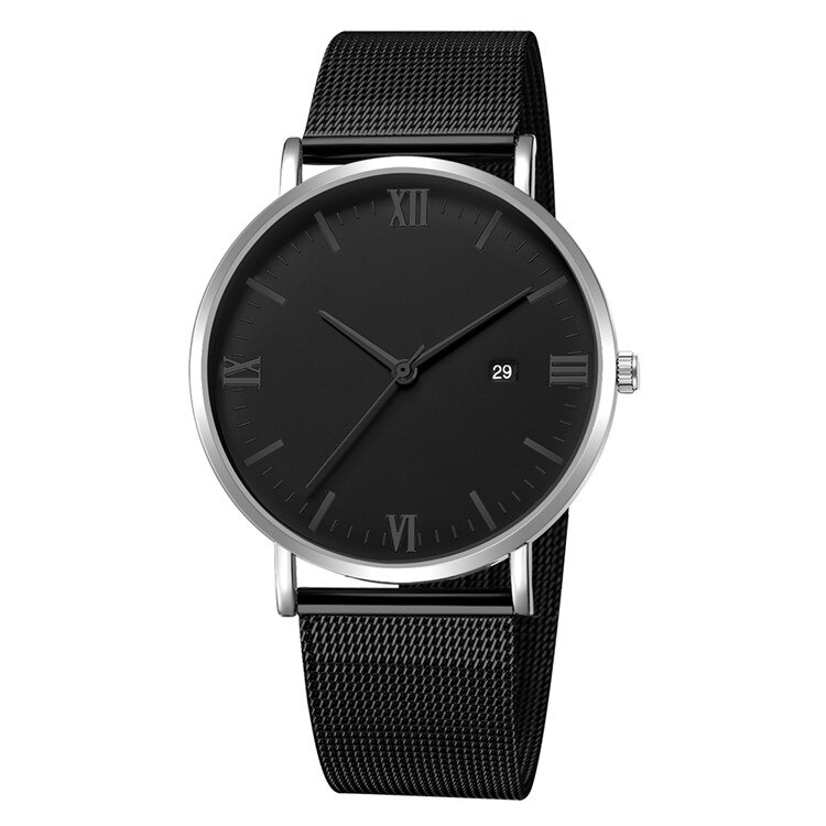 Relogio Masculino moda Roman cyfrowe zegarki męskie Top marka kwarcowy siatka ze stali nierdzewnej zegarek na rękę z paskiem, bransoletą erkek kol saati: black silver black