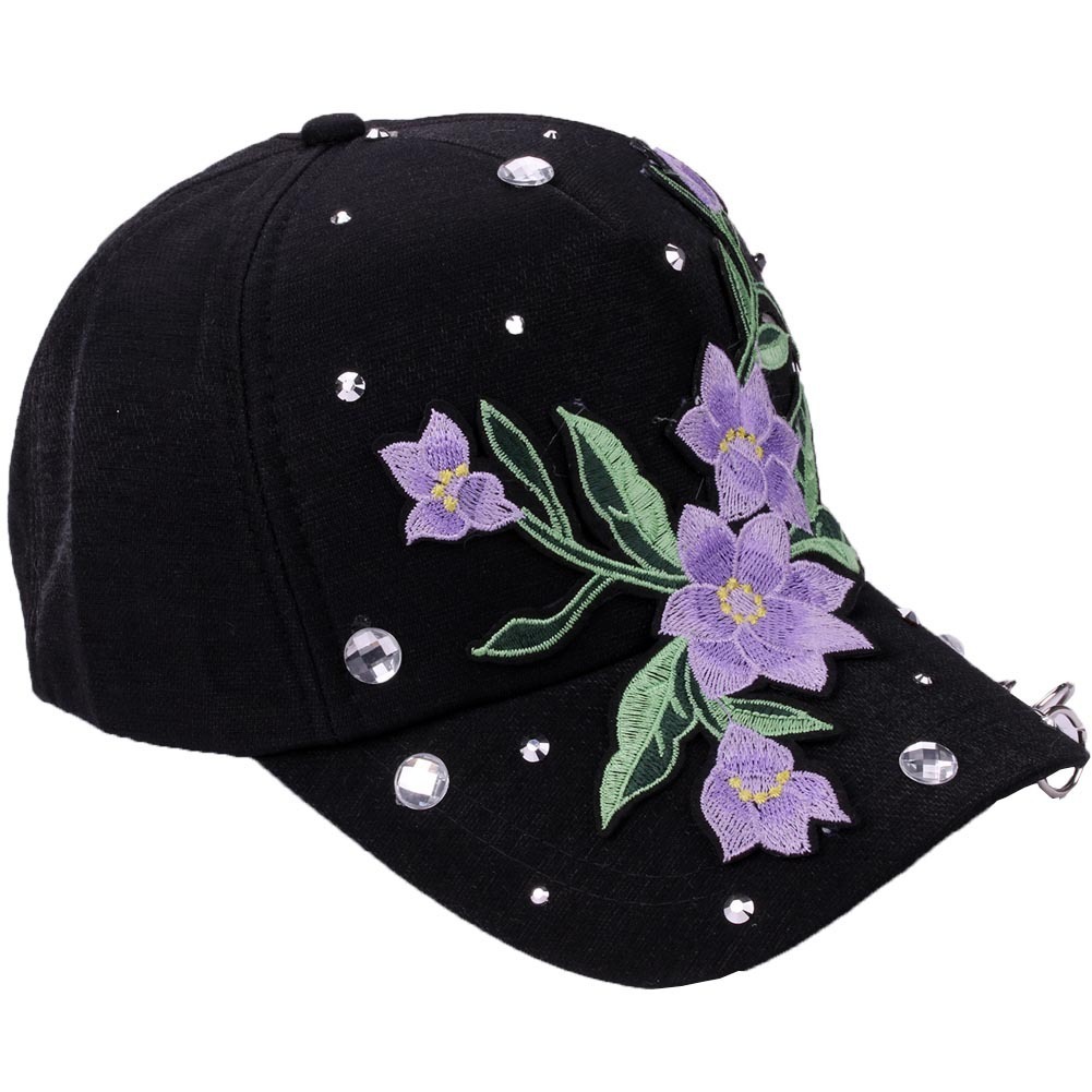 Gorra de béisbol de Hip-hop para mujer, gorra de béisbol con bordado de flores rosas, gorra de béisbol con diamantes de imitación de diamante, gorra ajustable de talla grande para mujer