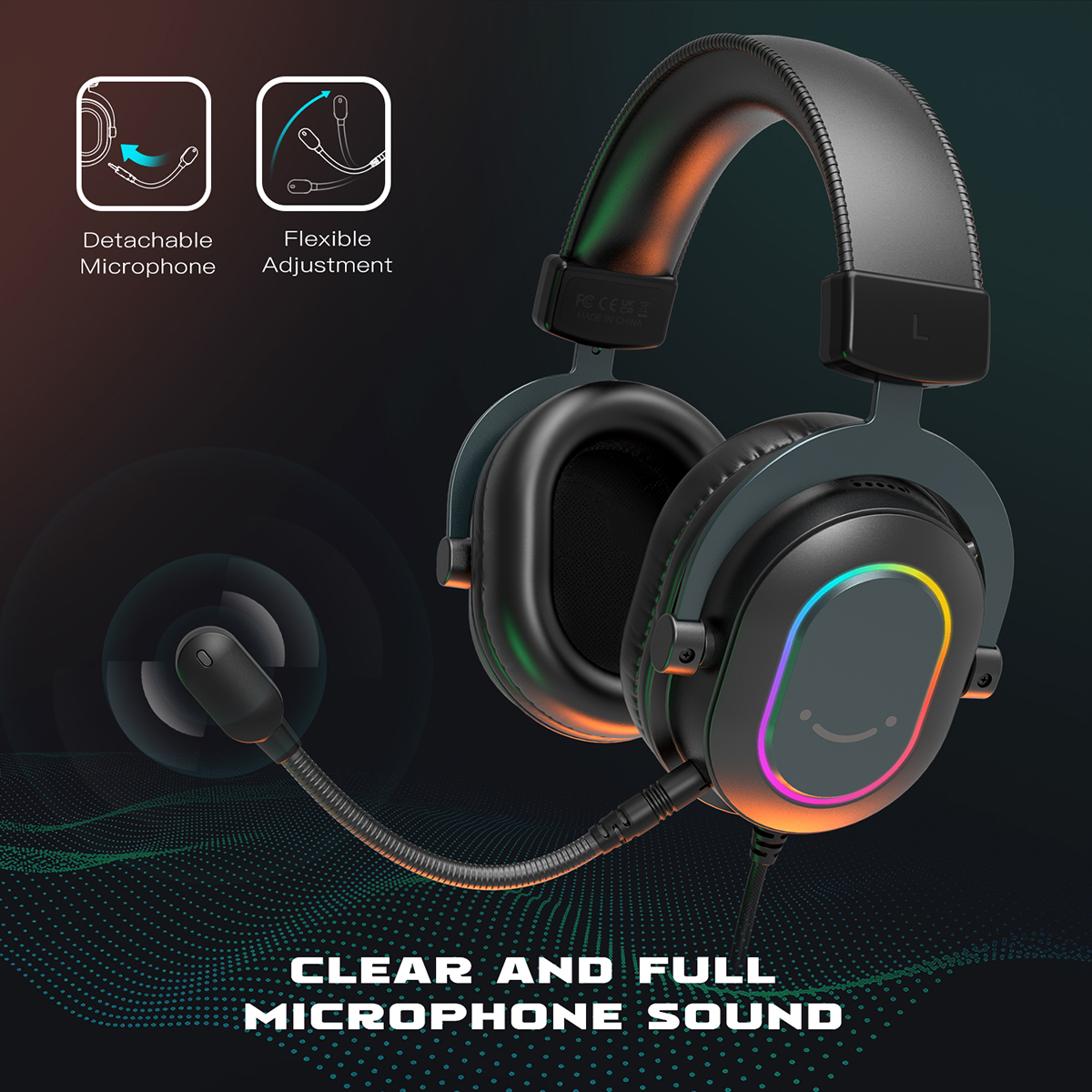 Fifine Dynamiczny zestaw słuchawkowy RGB do gier z mikrofonem Słuchawki nauszne 7.1 Dźwięk przestrzenny PC PS4 PS5 3 Opcje EQ Gra Film Muzyka