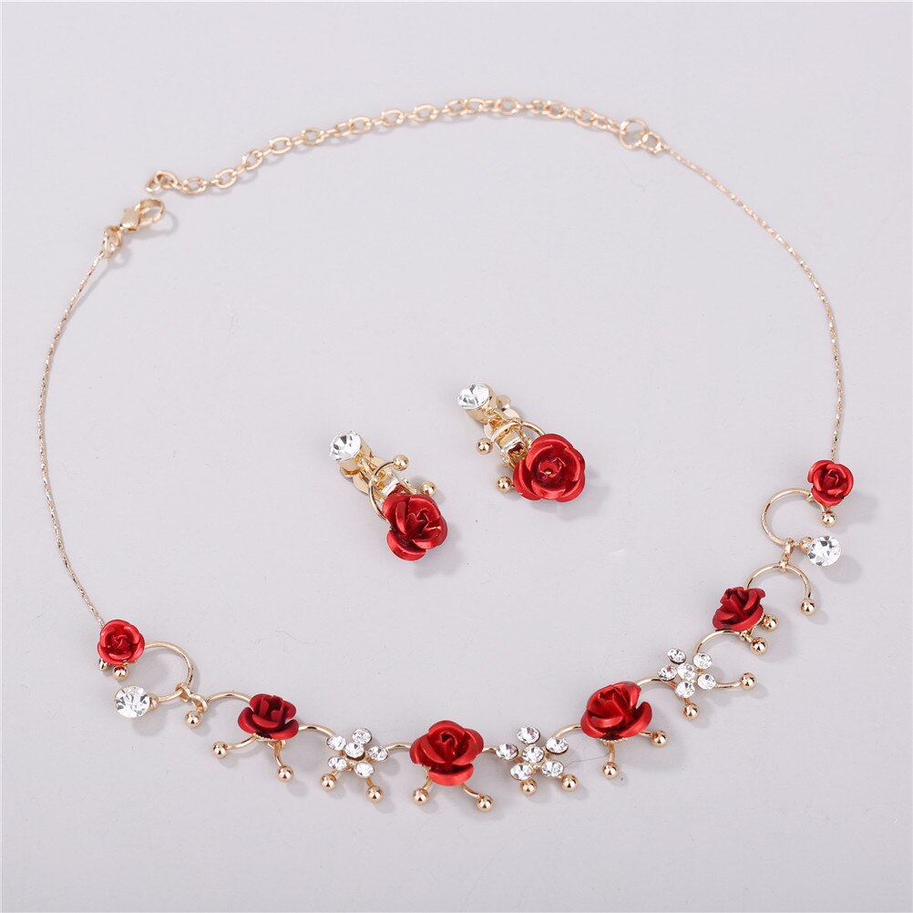 Vrouwen Elegante 1 Paar Oor Clip + 1 Ketting Rode Bloem Casual Jurk Accessoire Mode Legering Oor Clip Neckless Sieraden set