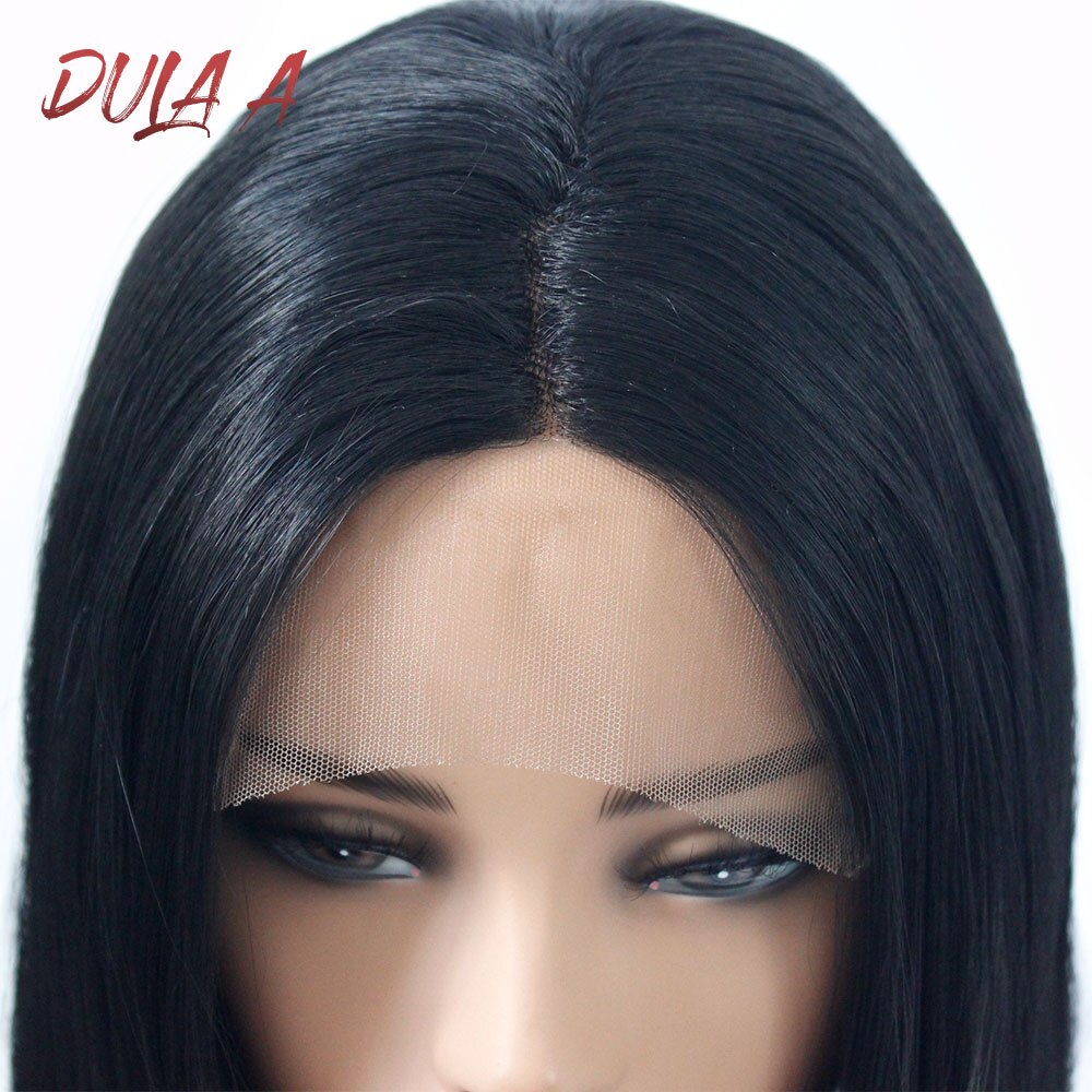 Dula  a 14 tommer ægte hår sort kort bob straight syntetisk limfri front blonde paryk midterste del til sorte kvinder øre til øre blonder